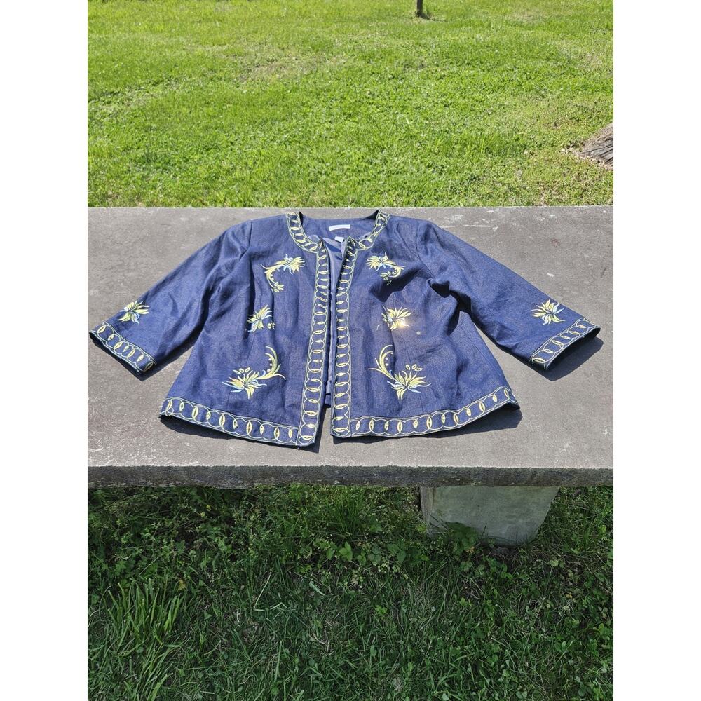 Dressbarn 18W Navy Embroidered Floral Artisan Jacket Lined Open Front 3/4 Sleeve - Picture 2 of 6